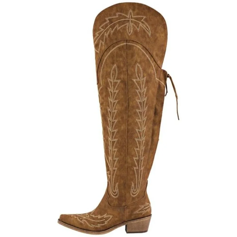 Women Brown Synthetic Cowgirl Thigh High Wide Calf Embroidered Western Boots